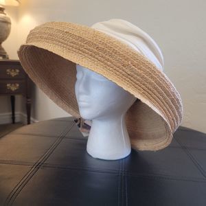 Scala Women's Natural Bell Brim Woven Sun Hat with White Canvas and Bow NEW